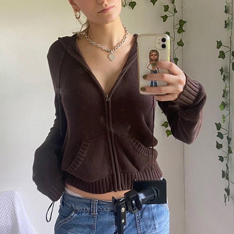 Women's Knit Zip-Up Crop Hoodie Cardigan