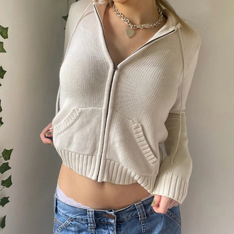 Women's Knit Zip-Up Crop Hoodie Cardigan