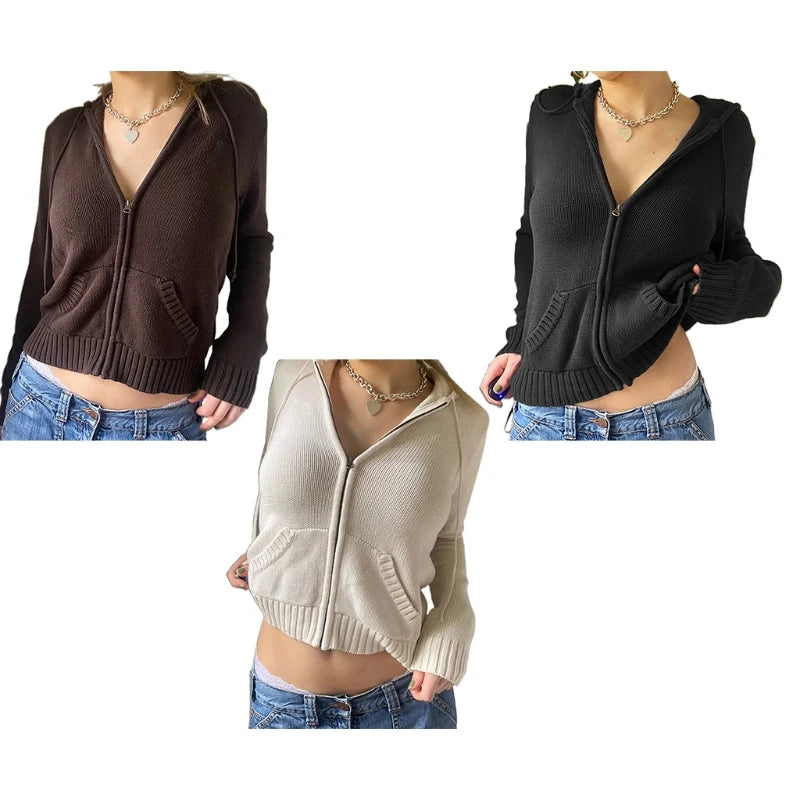Women's Knit Zip-Up Crop Hoodie Cardigan