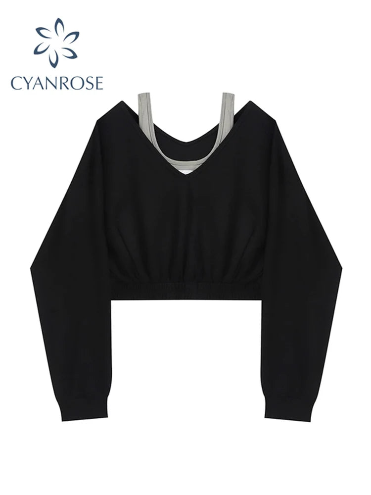Women's Y2K Patchwork Fake Two-Piece Crop Sweatshirt