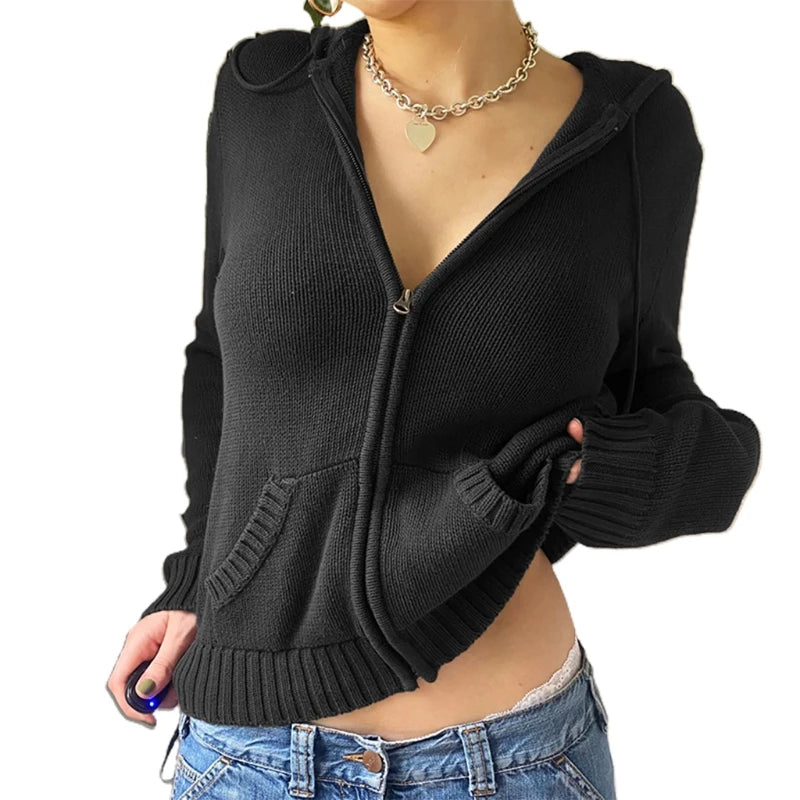 Women's Knit Zip-Up Crop Hoodie Cardigan