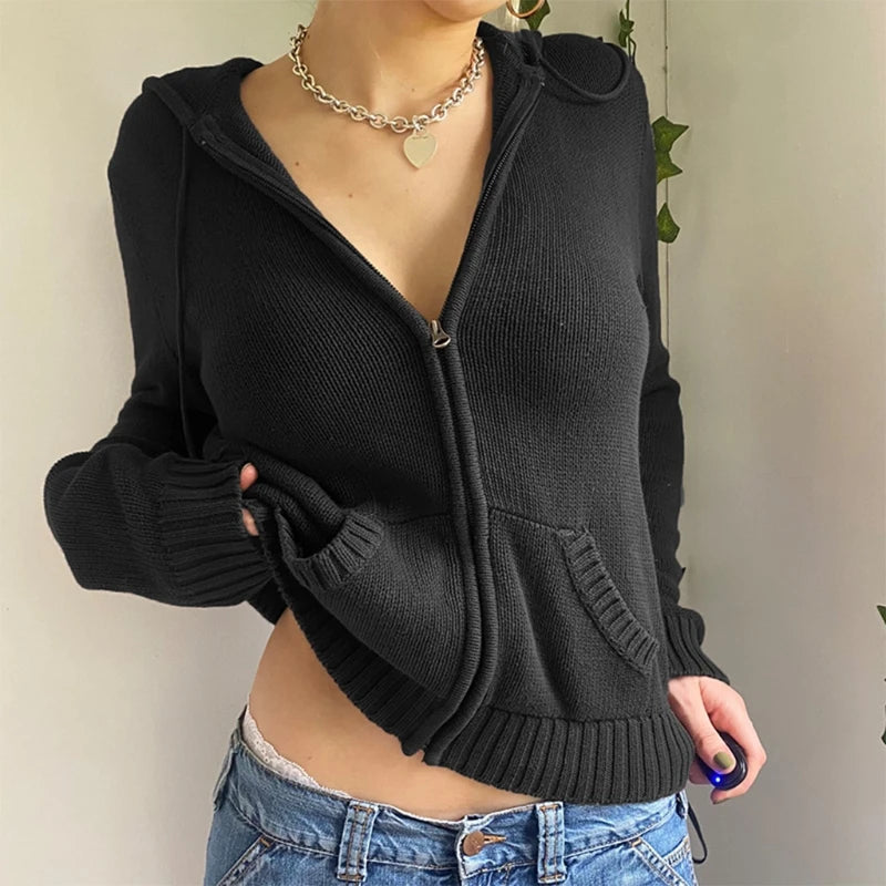Women's Knit Zip-Up Crop Hoodie Cardigan