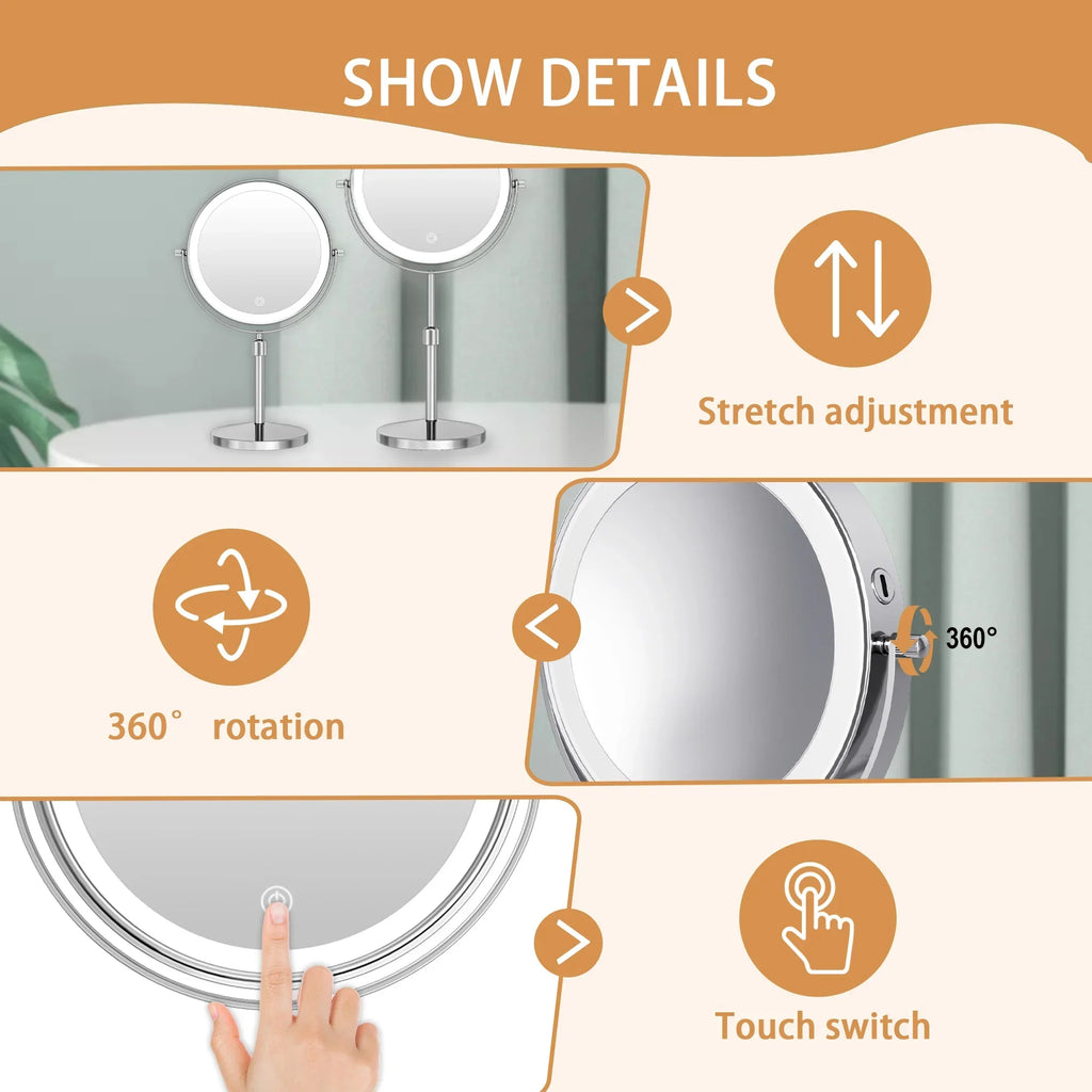 LED Vanity Makeup Mirror – 10X Magnifying, 360° Rotation