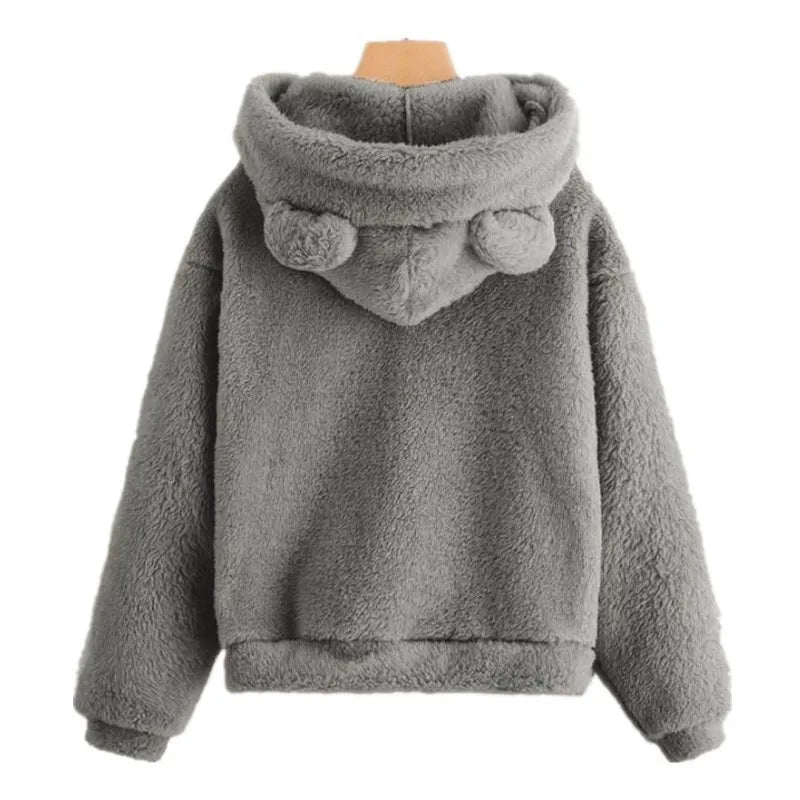 Women's Rabbit Ear Plush Hoodie – Cute Warm Pullover Sweatshirt