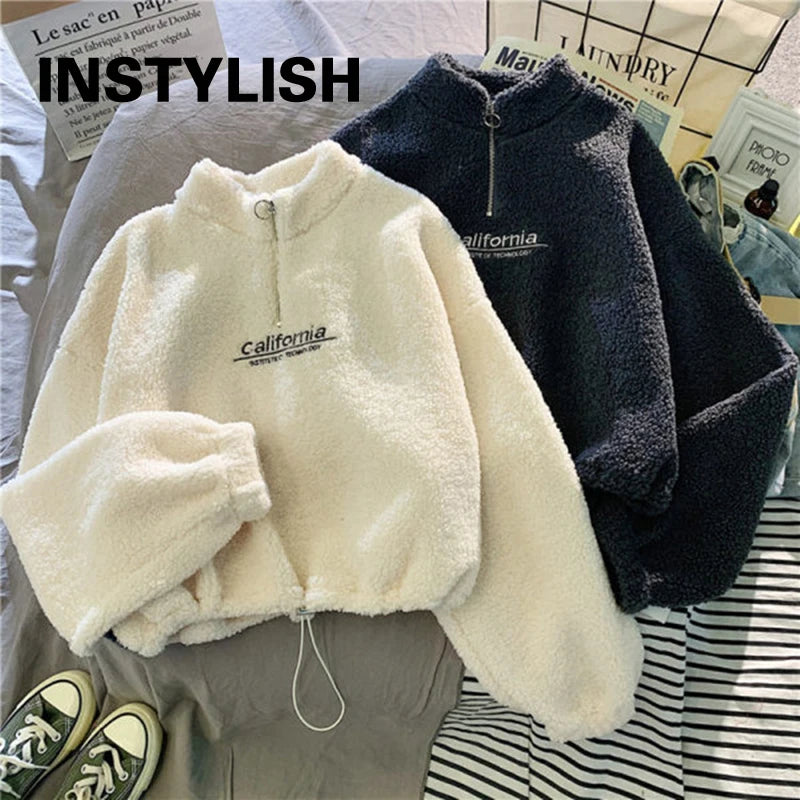 Women's Fleece Cropped Hoodie – Stand Neck Drawstring Sweatshirt