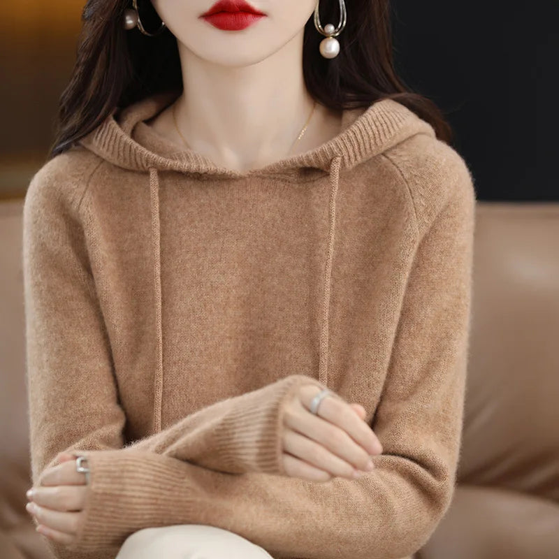 Women's Knitted Pullover Hoodie – Solid Colour Drawstring Sweatshirt