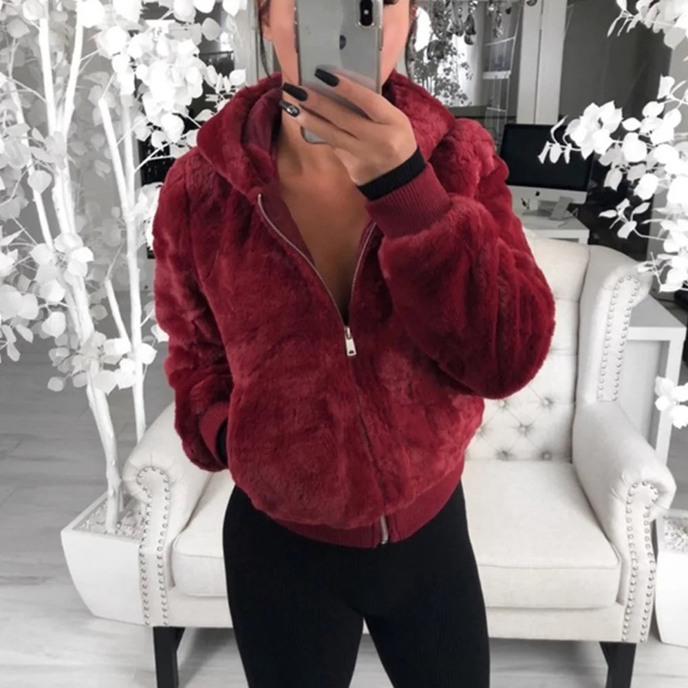Women's Faux Fur Plush Zip-Up Hoodie Jacket