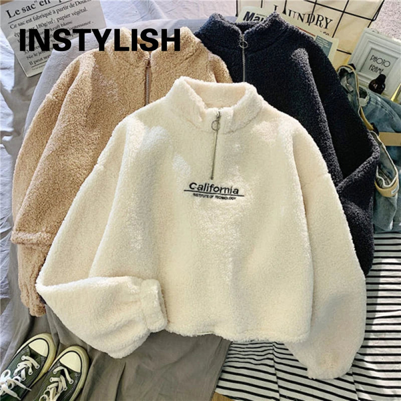 Women's Fleece Cropped Hoodie – Stand Neck Drawstring Sweatshirt
