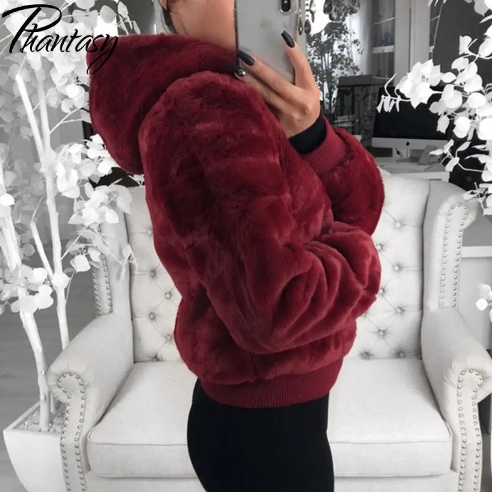 Women's Faux Fur Plush Zip-Up Hoodie Jacket