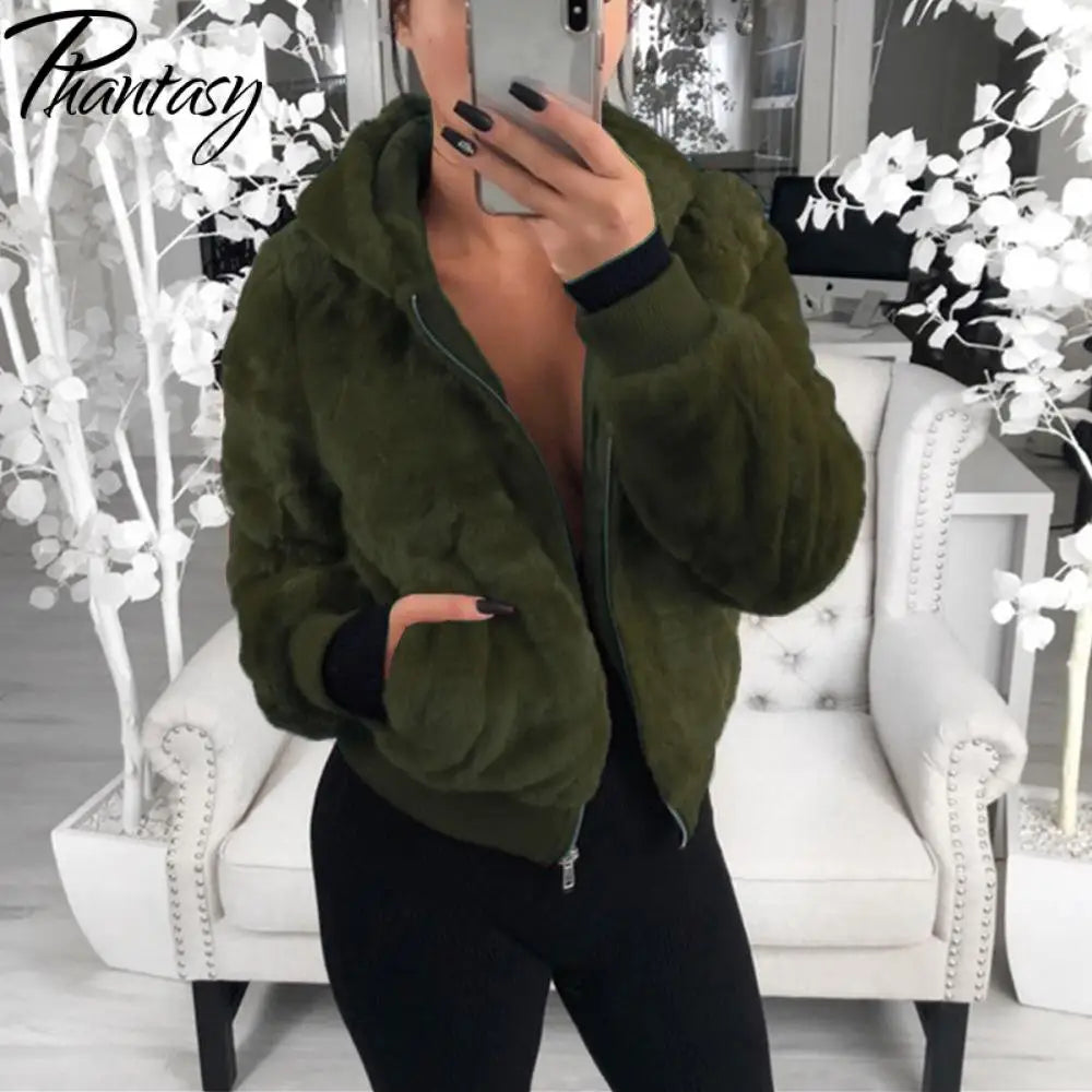 Women's Faux Fur Plush Zip-Up Hoodie Jacket