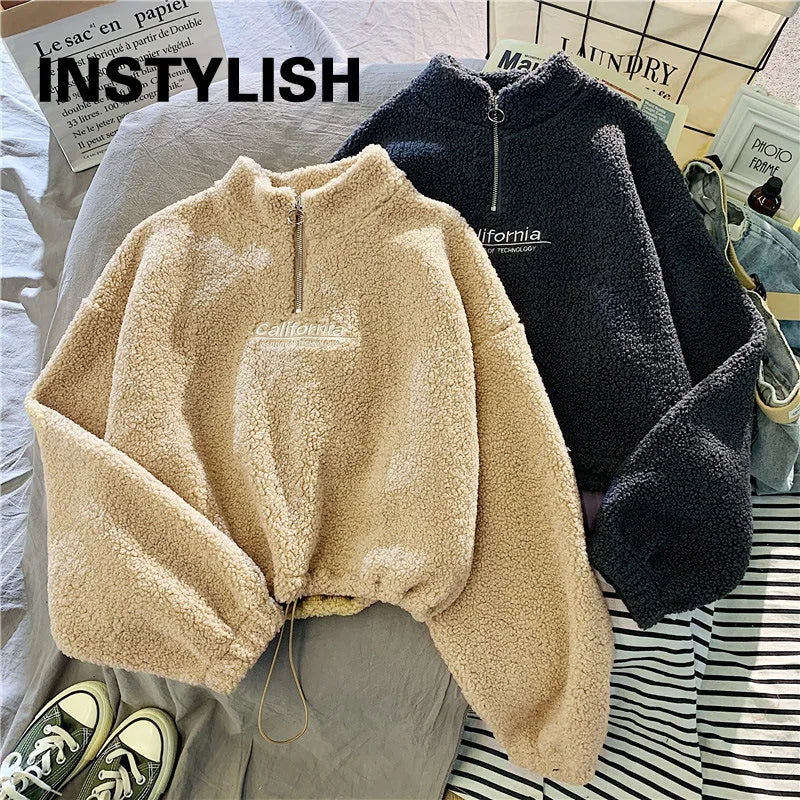Women's Fleece Cropped Hoodie – Stand Neck Drawstring Sweatshirt