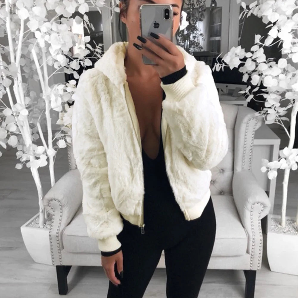 Women's Faux Fur Plush Zip-Up Hoodie Jacket