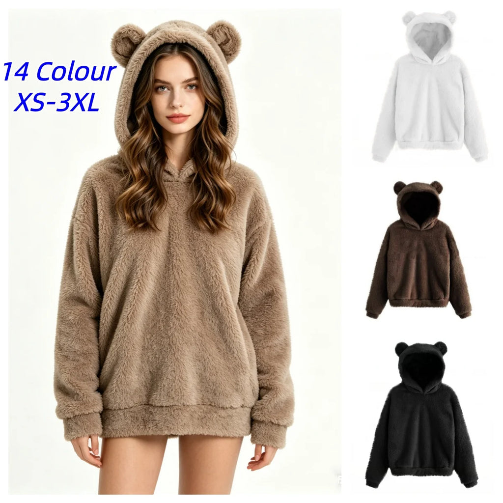 Women's Rabbit Ear Plush Hoodie – Cute Warm Pullover Sweatshirt