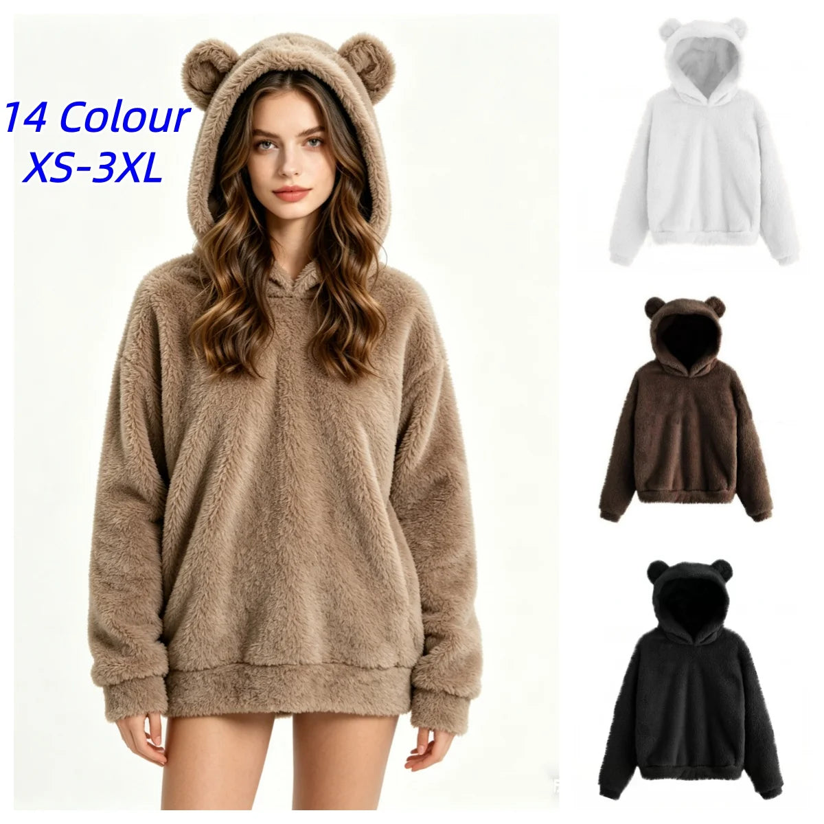 Women's Rabbit Ear Plush Hoodie – Cute Warm Pullover Sweatshirt
