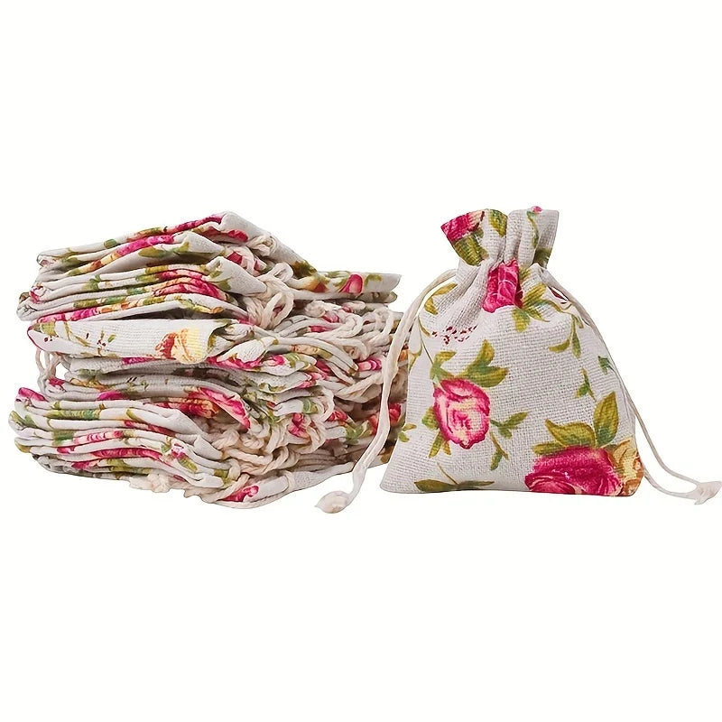 Rose Print Linen Drawstring Gift Bags