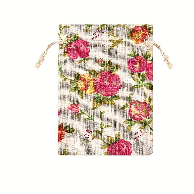 Rose Print Linen Drawstring Gift Bags