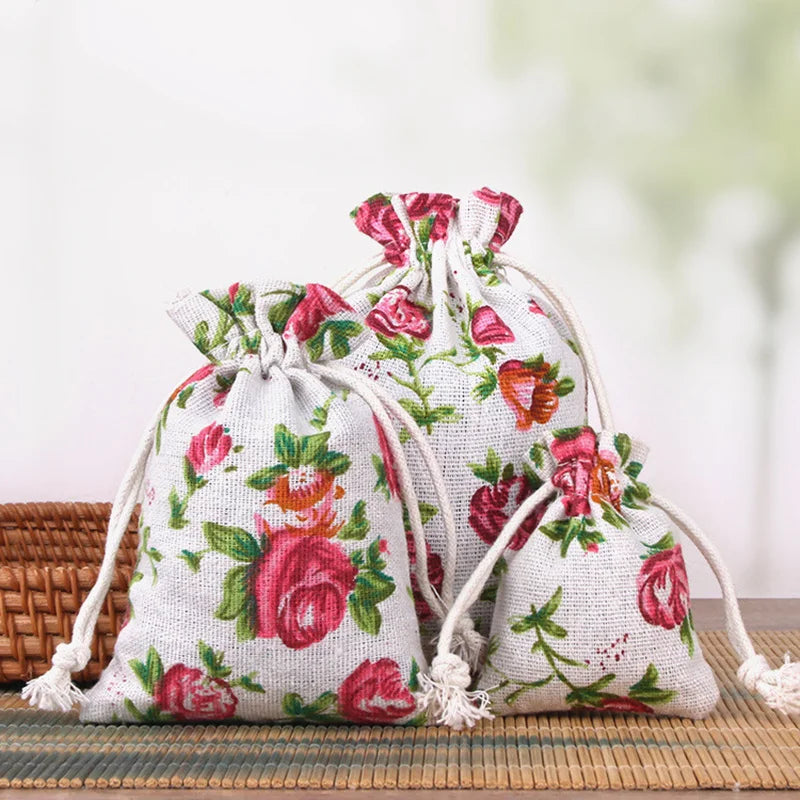 Rose Print Linen Drawstring Gift Bags