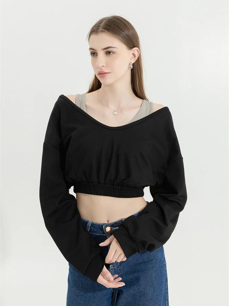 Women's Y2K Patchwork Fake Two-Piece Crop Sweatshirt