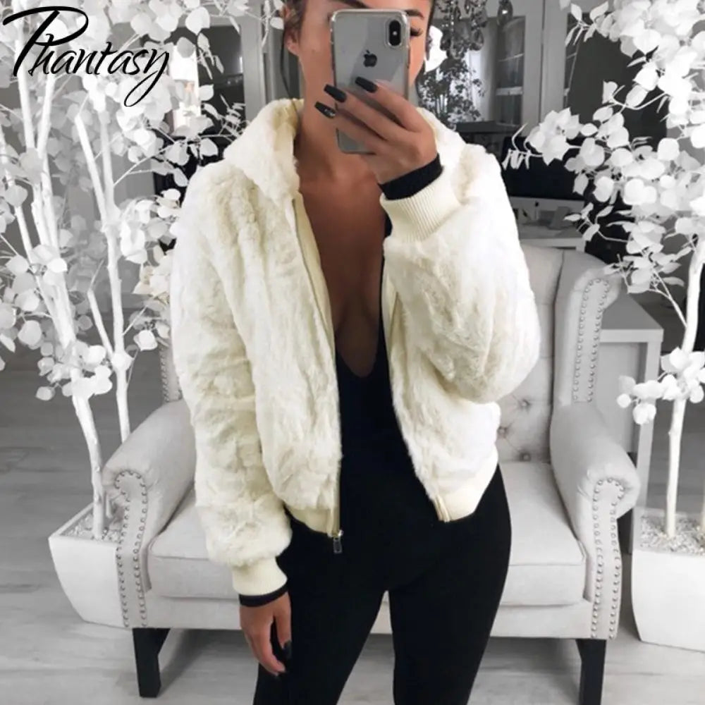 Women's Faux Fur Plush Zip-Up Hoodie Jacket