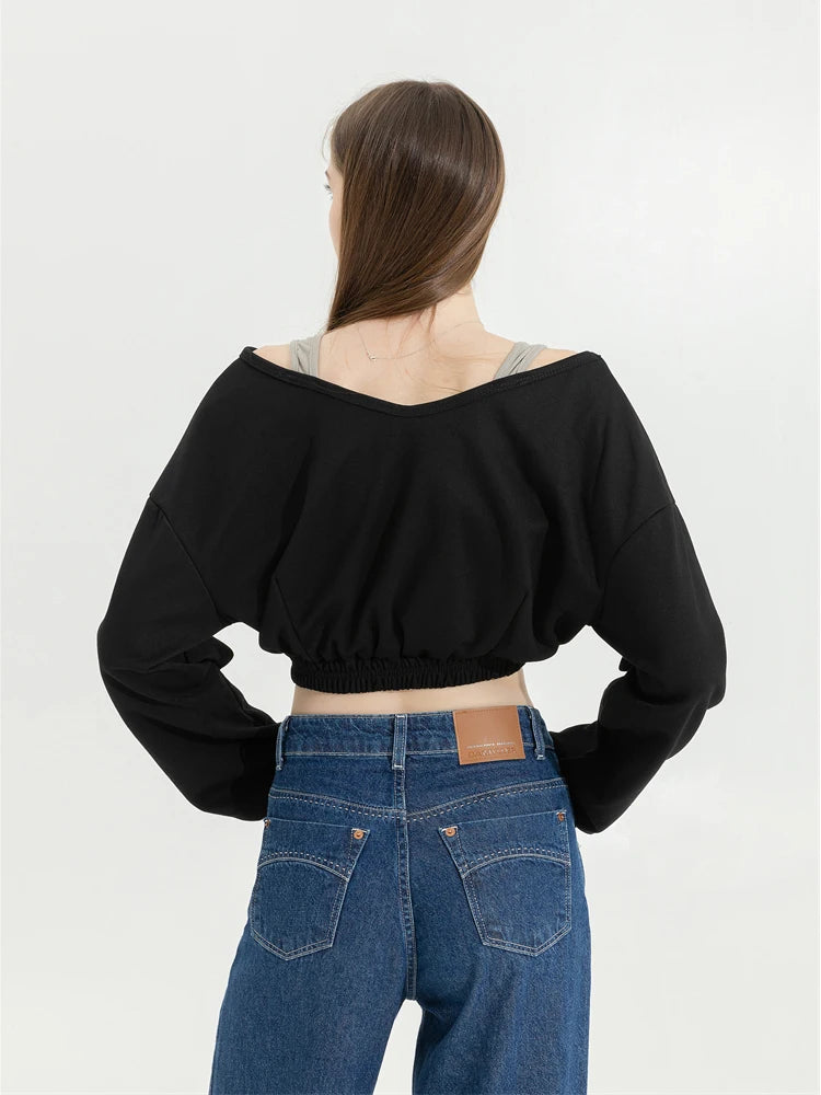 Women's Y2K Patchwork Fake Two-Piece Crop Sweatshirt