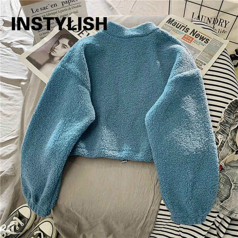 Women's Fleece Cropped Hoodie – Stand Neck Drawstring Sweatshirt