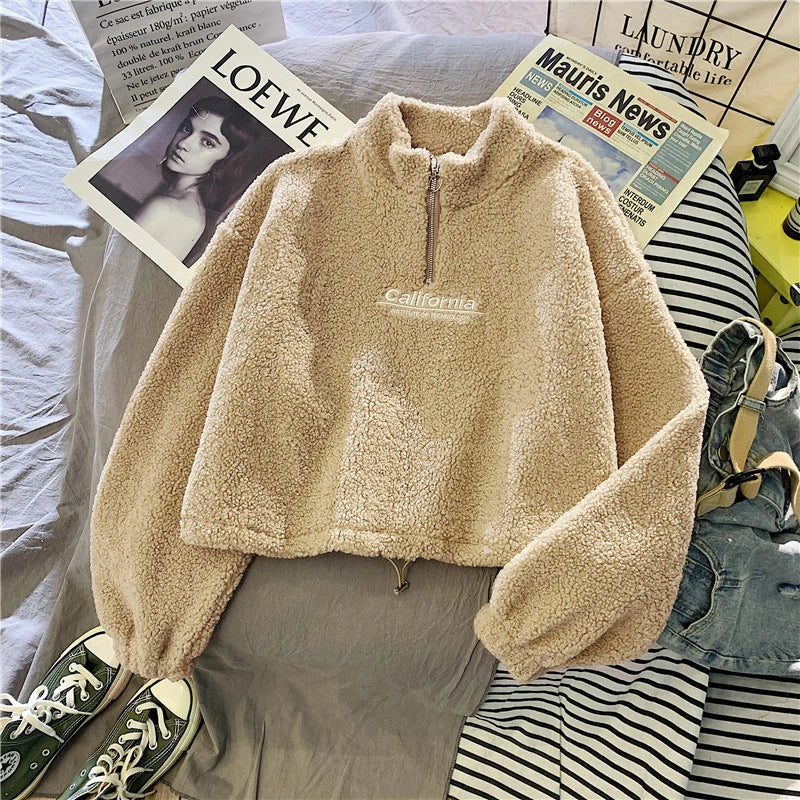 Women's Fleece Cropped Hoodie – Stand Neck Drawstring Sweatshirt