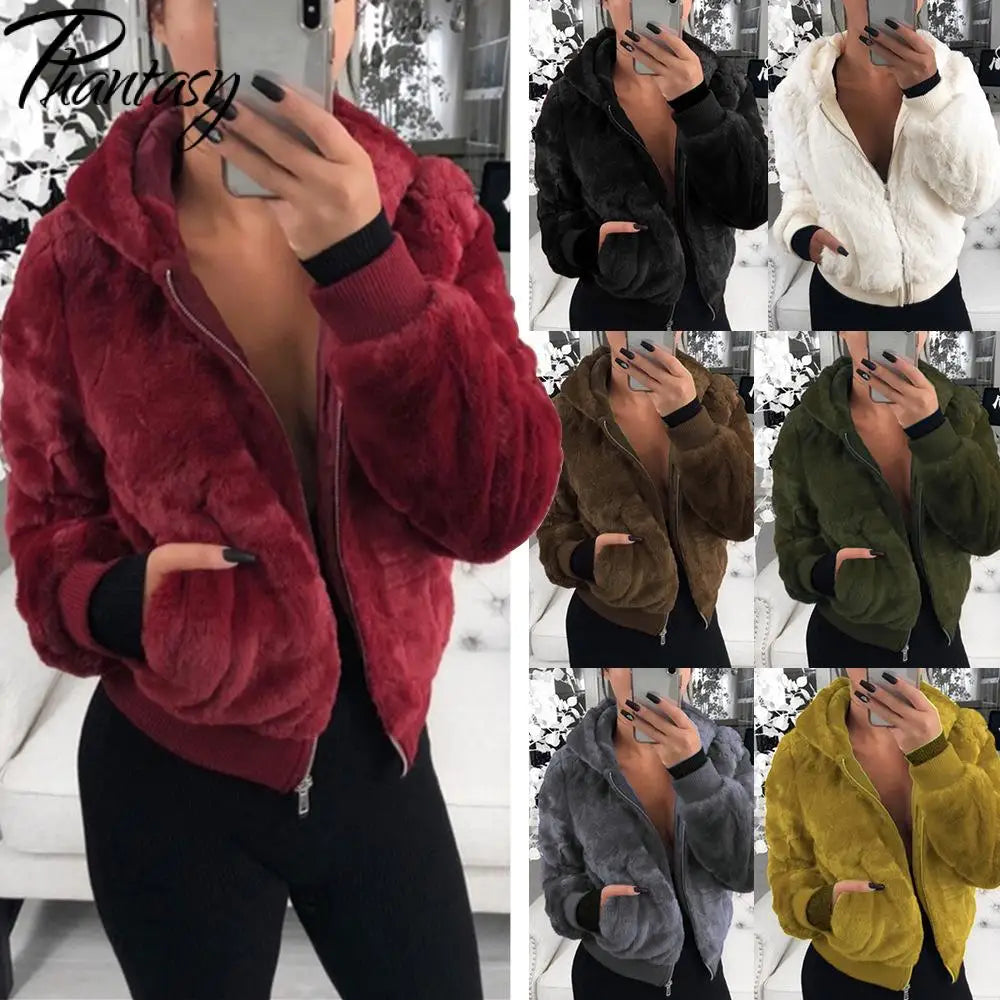 Women's Faux Fur Plush Zip-Up Hoodie Jacket