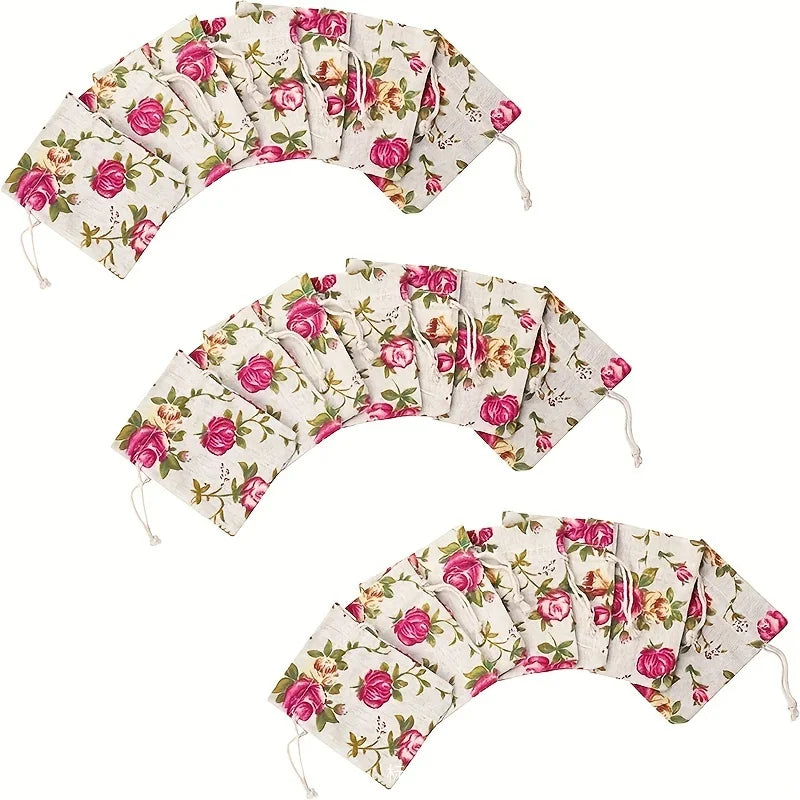 Rose Print Linen Drawstring Gift Bags