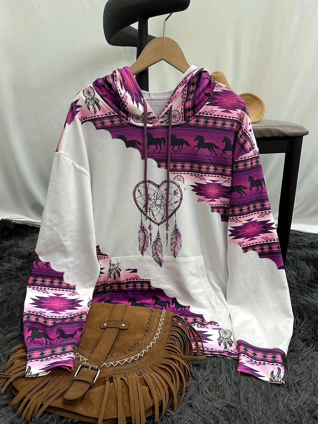 Women's Retro Print Pullover Hoodie