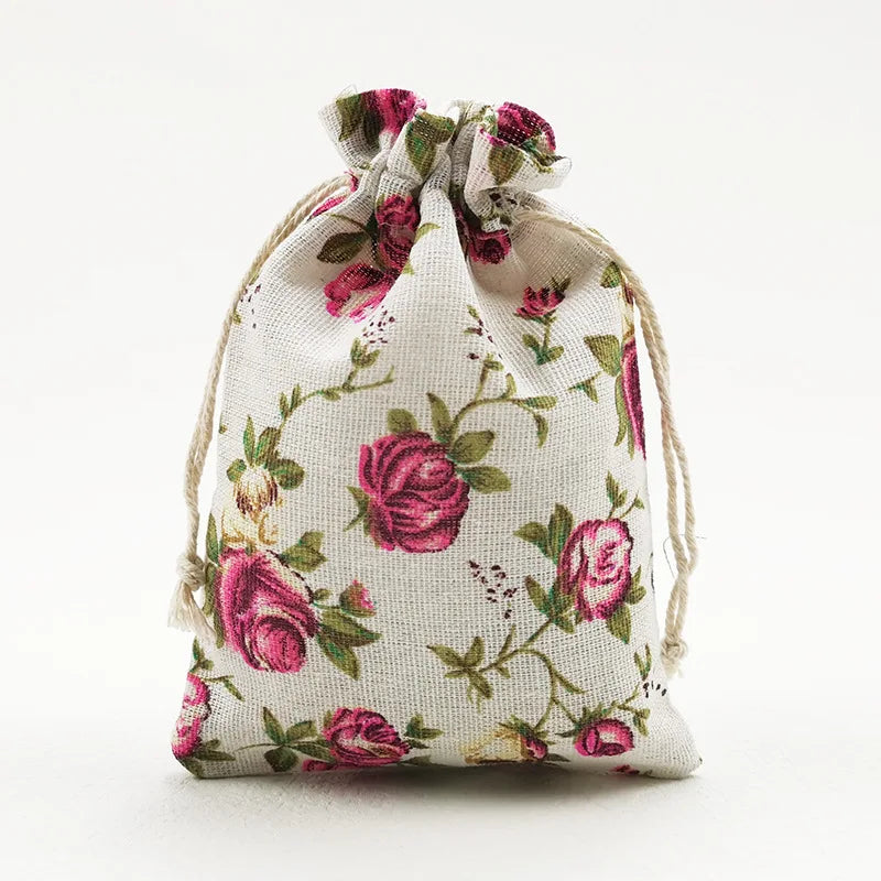Rose Print Linen Drawstring Gift Bags