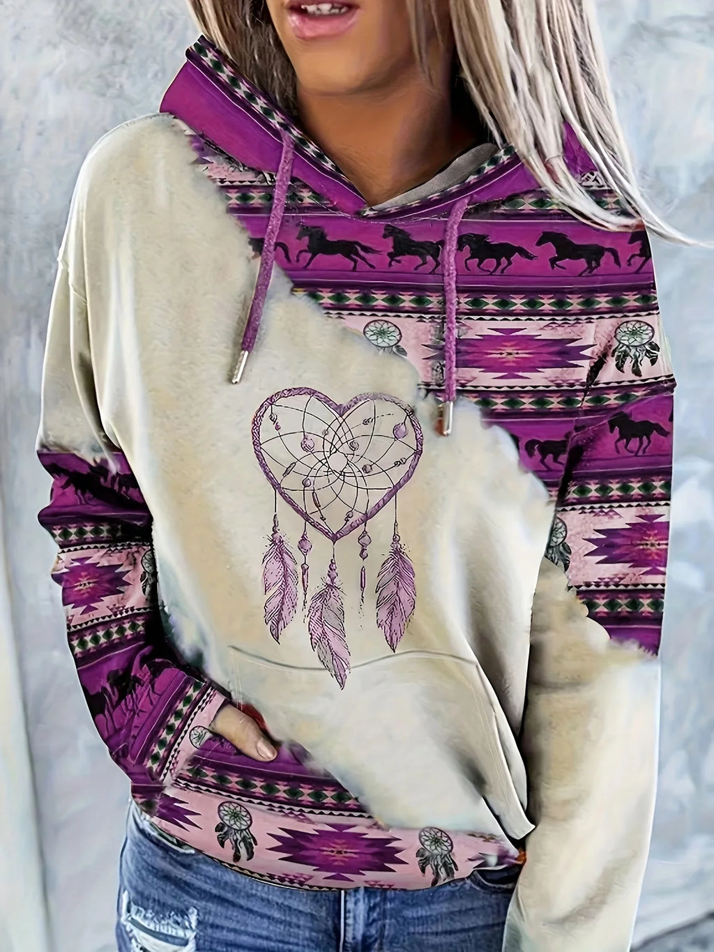 Women's Retro Print Pullover Hoodie