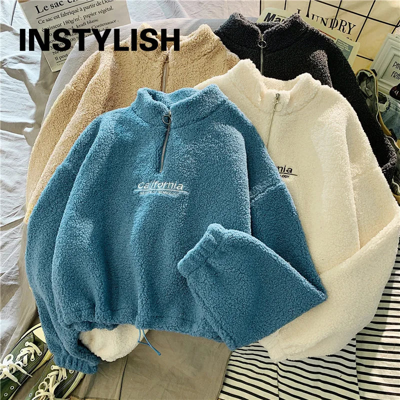 Women's Fleece Cropped Hoodie – Stand Neck Drawstring Sweatshirt