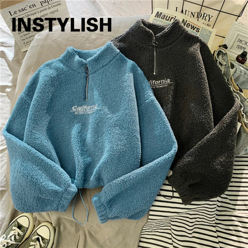 Women's Fleece Cropped Hoodie – Stand Neck Drawstring Sweatshirt
