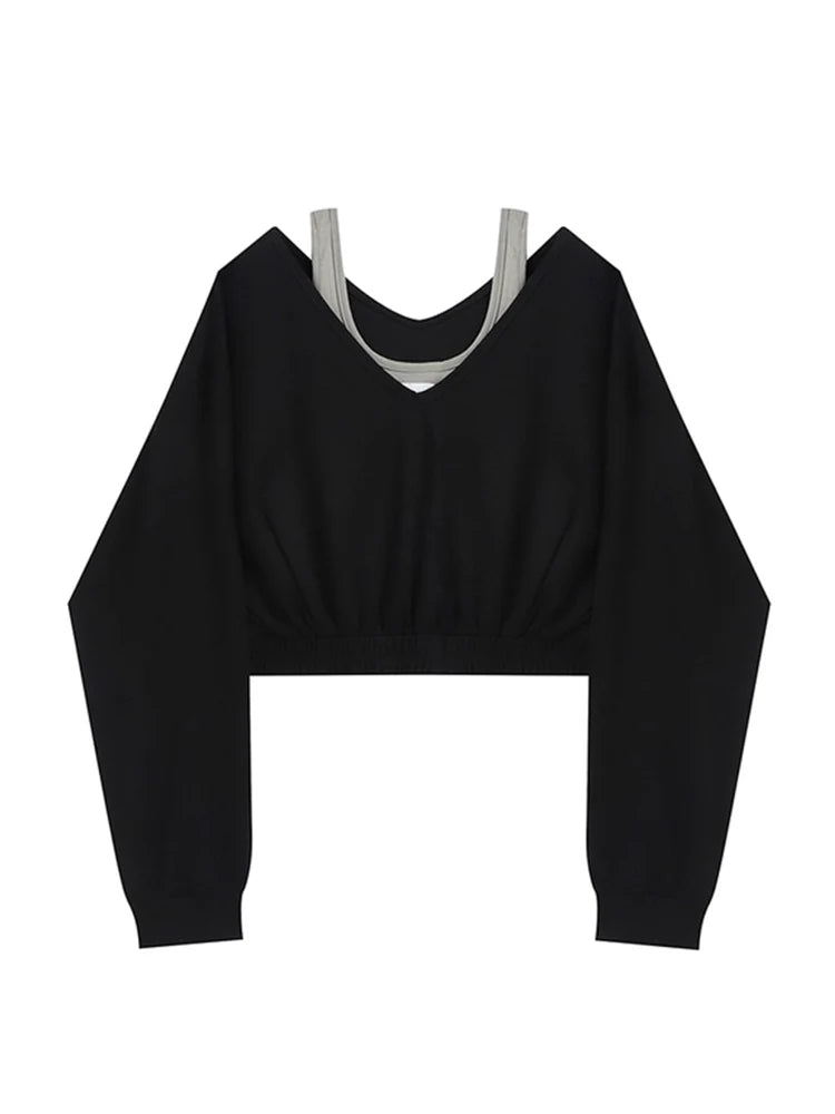 Women's Y2K Patchwork Fake Two-Piece Crop Sweatshirt