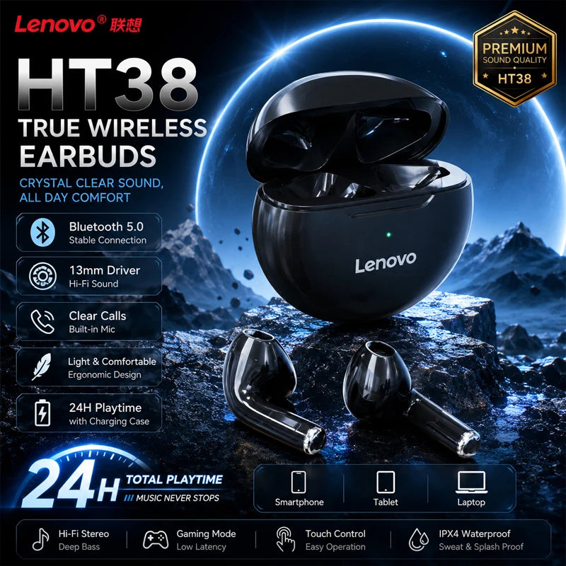 Lenovo HT38 TWS Wireless Earbuds – HiFi Stereo, Fast Charging, Sweatproof