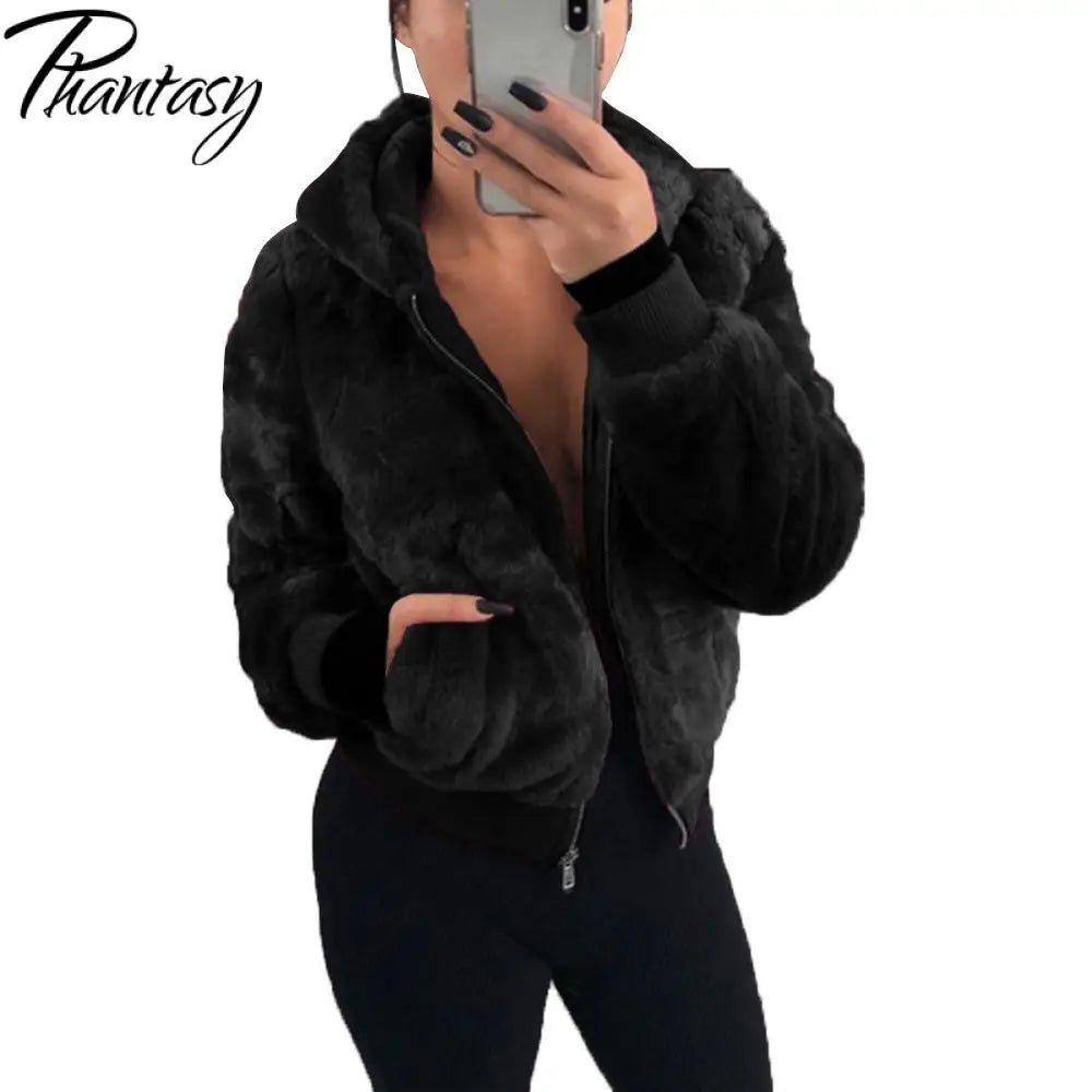 Women's Faux Fur Plush Zip-Up Hoodie Jacket
