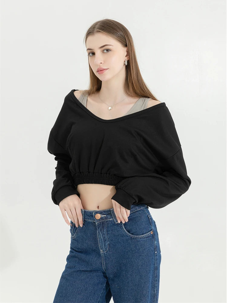 Women's Y2K Patchwork Fake Two-Piece Crop Sweatshirt