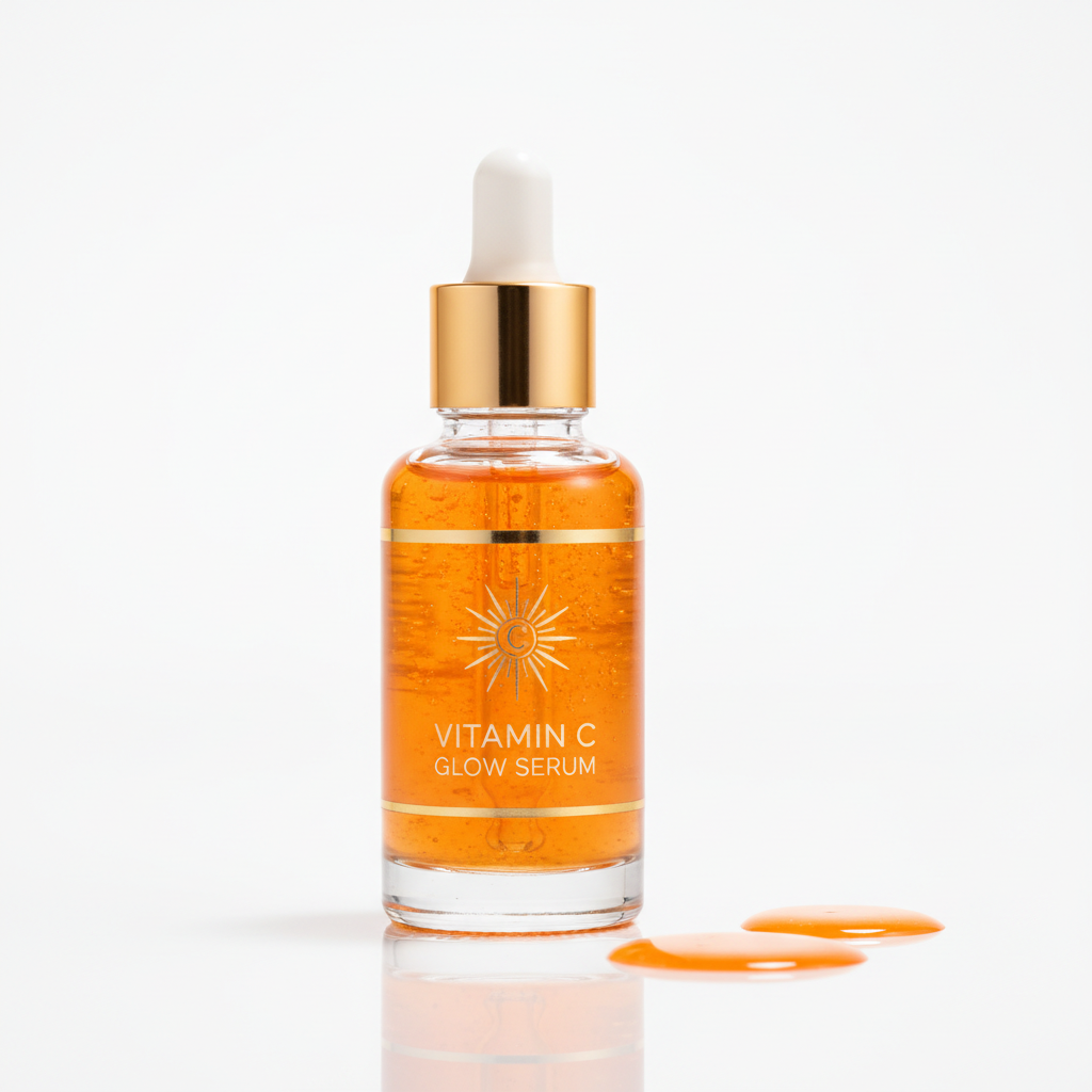 Vitamin C glow serum in glass dropper bottle on white background